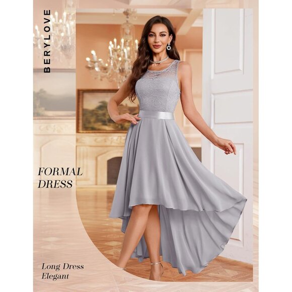 BeryLove Women Grey Chiffon Scoop Neck Sleeveless Lace Cocktail Dress - Picture 4 of 7